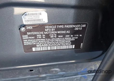 2016 BMW 340I z USA, uszkodzony, nr VIN WBA8B3G55GNT62402